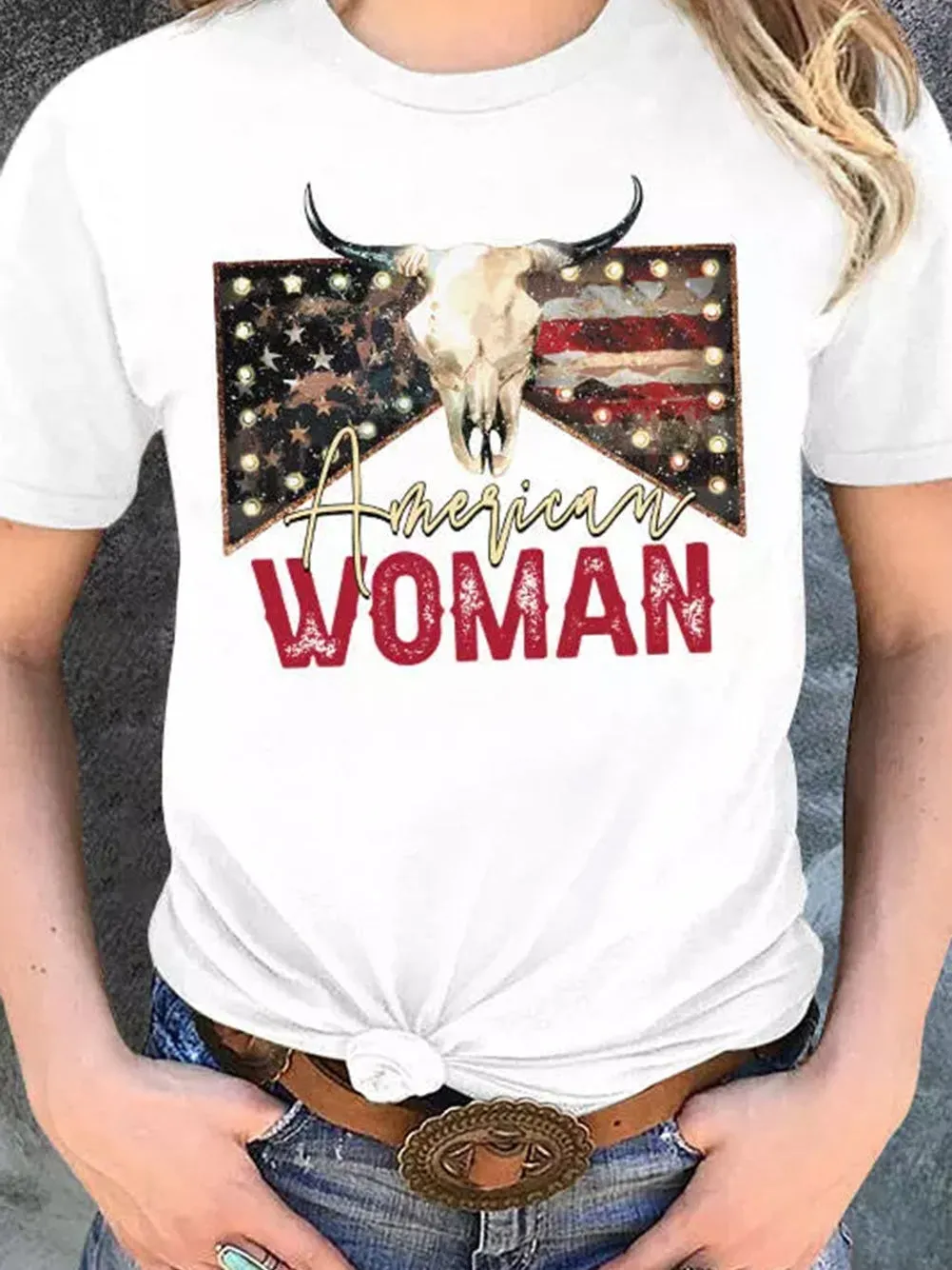 American Woman Bull Skull Print White Graphic Tee