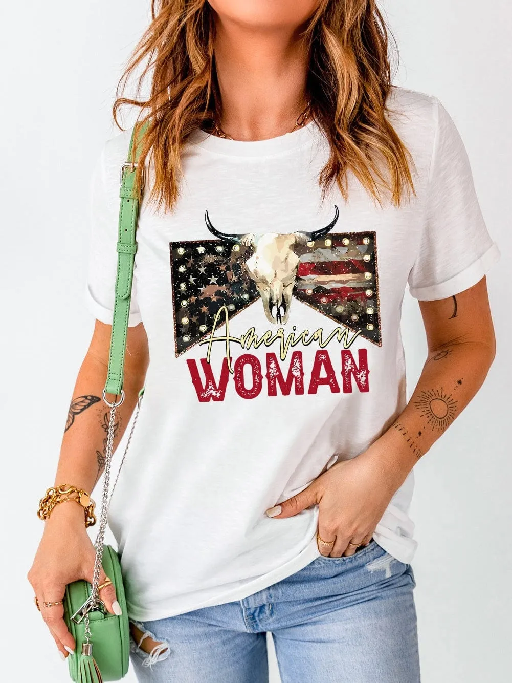 American Woman Bull Skull Print White Graphic Tee