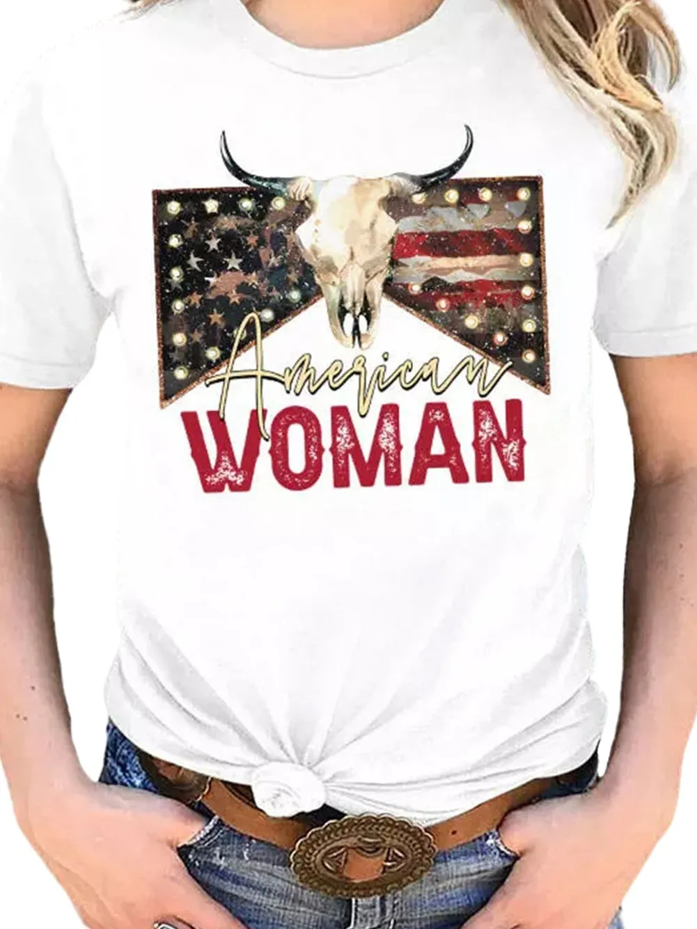 American Woman Bull Skull Print White Graphic Tee