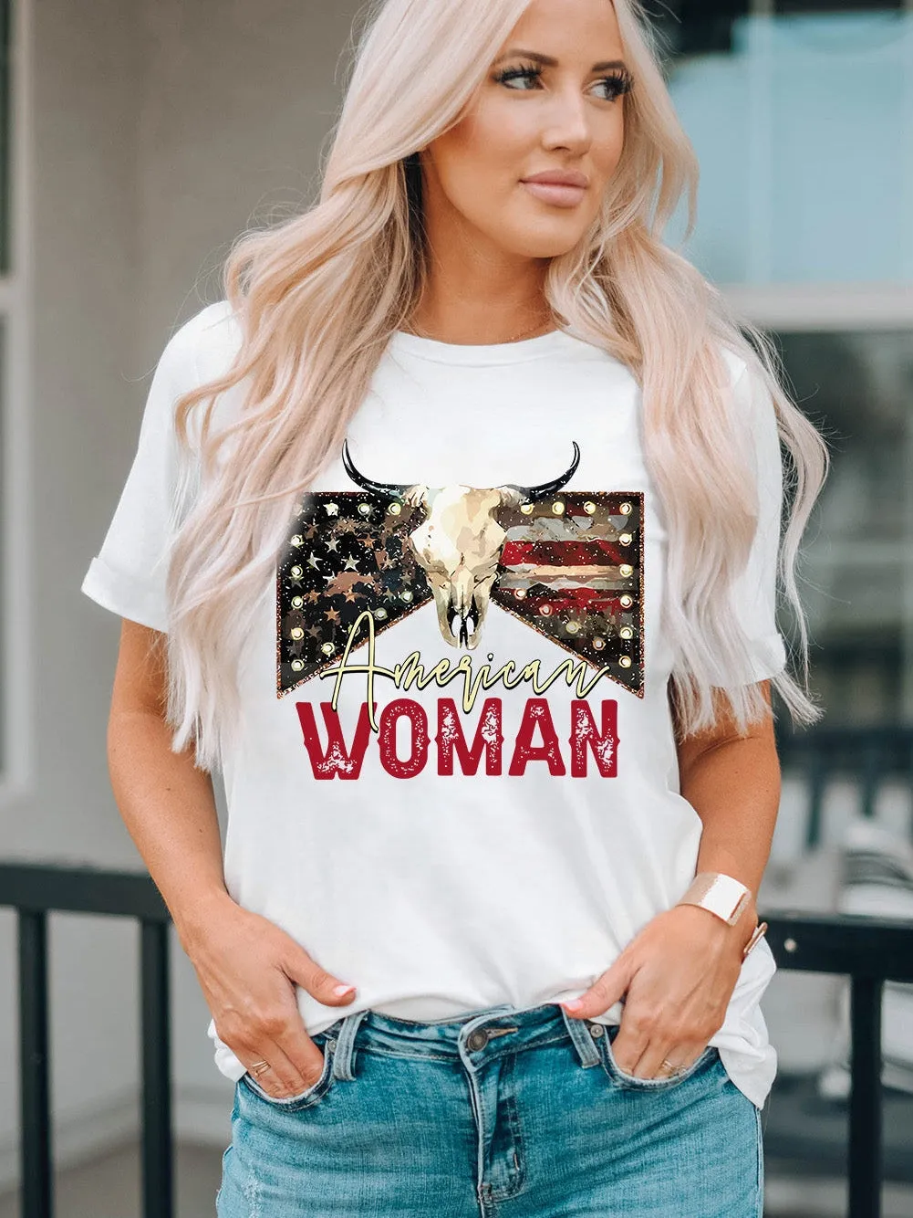 American Woman Bull Skull Print White Graphic Tee