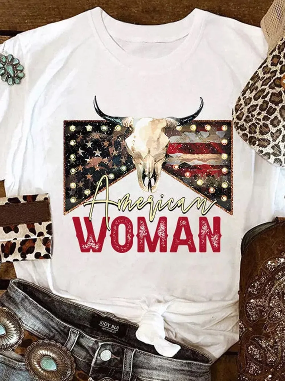 American Woman Bull Skull Print White Graphic Tee