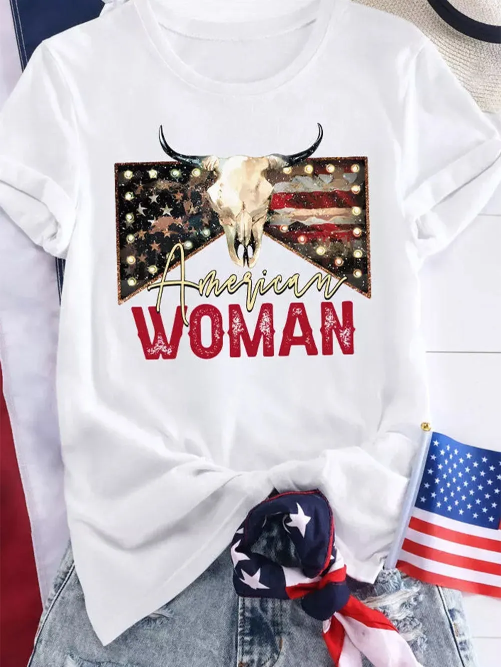 American Woman Bull Skull Print White Graphic Tee