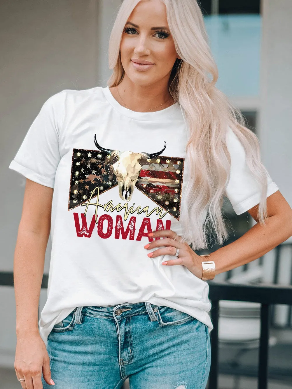 American Woman Bull Skull Print White Graphic Tee