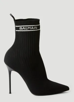 Balmain Logo Print Knit High Heel Boots