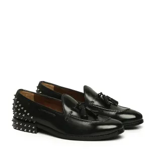 Black Leather Studded Back Side Lacing Tassel Loafers By Brune & Bareskin