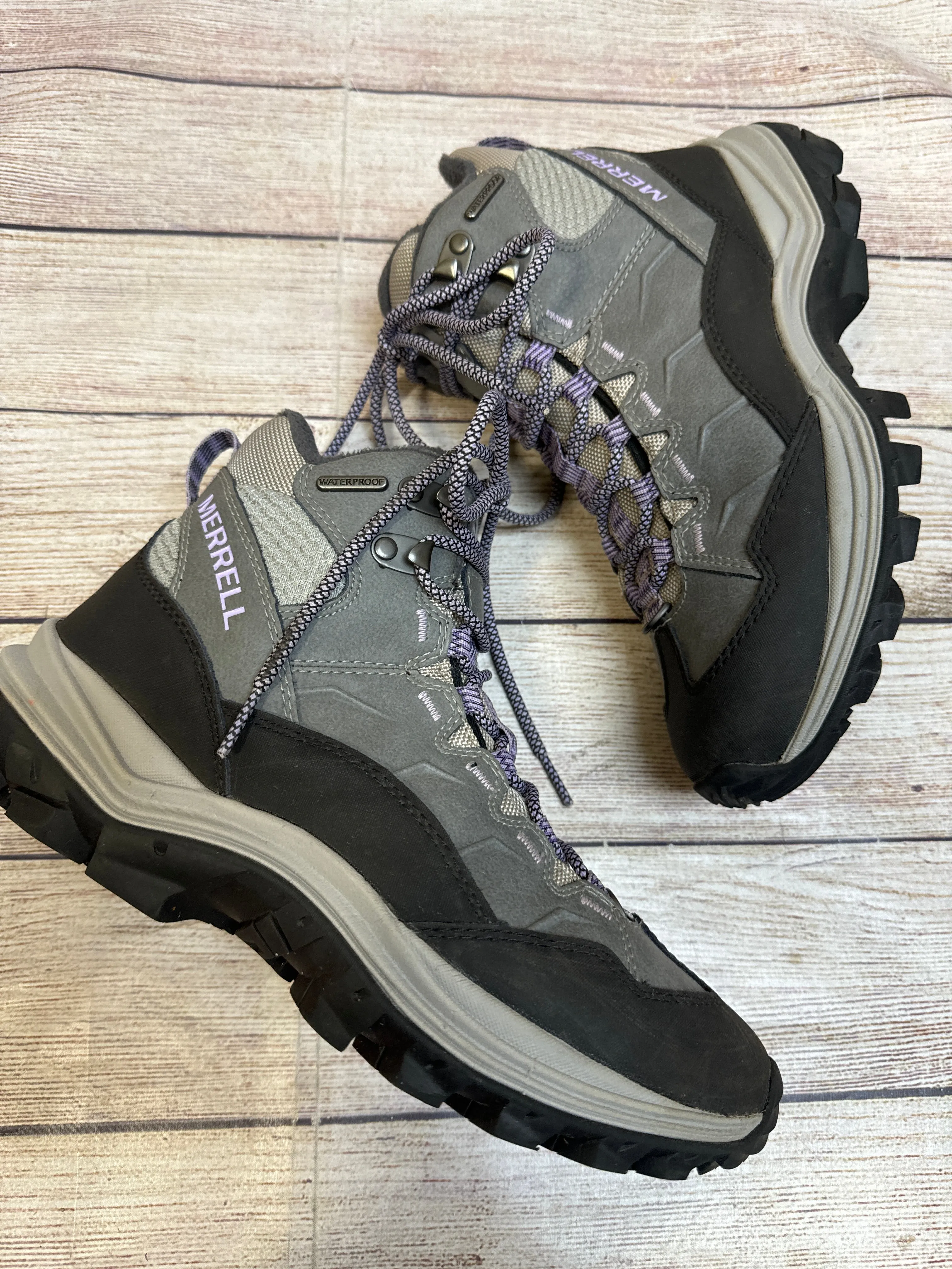 Boots Hiking By Merrell In Grey & Purple, Size: 7