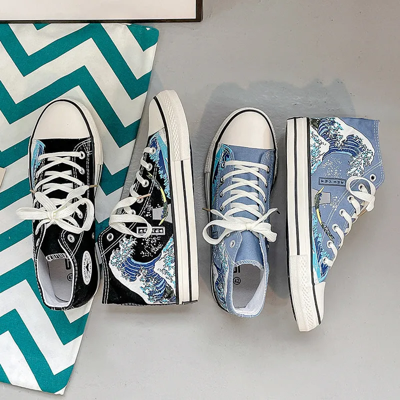 Casual high-top canvas shoes with wave pattern