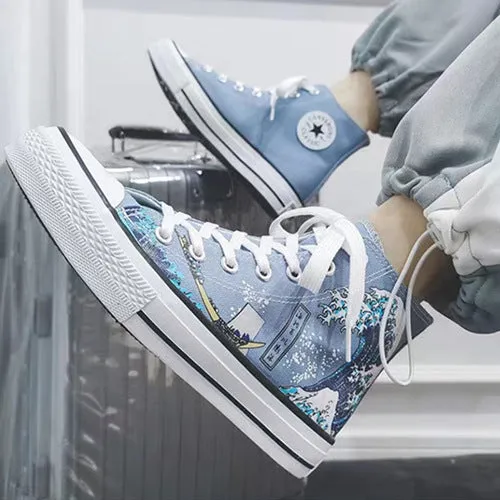 Casual high-top canvas shoes with wave pattern