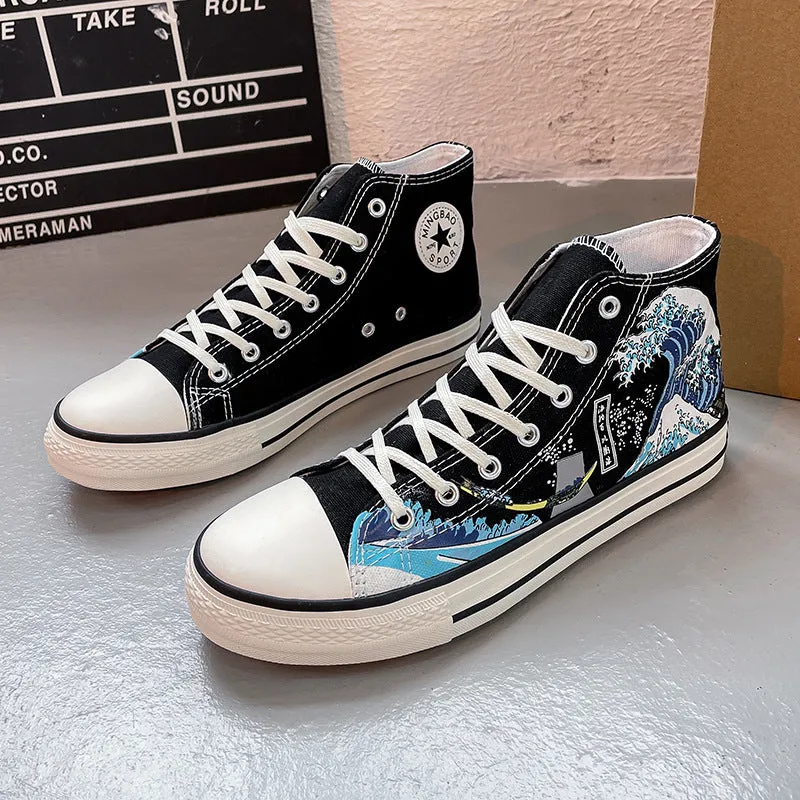 Casual high-top canvas shoes with wave pattern