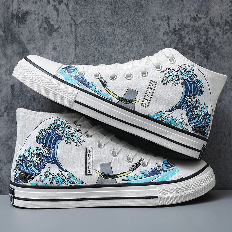 Casual high-top canvas shoes with wave pattern