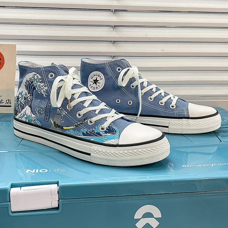 Casual high-top canvas shoes with wave pattern