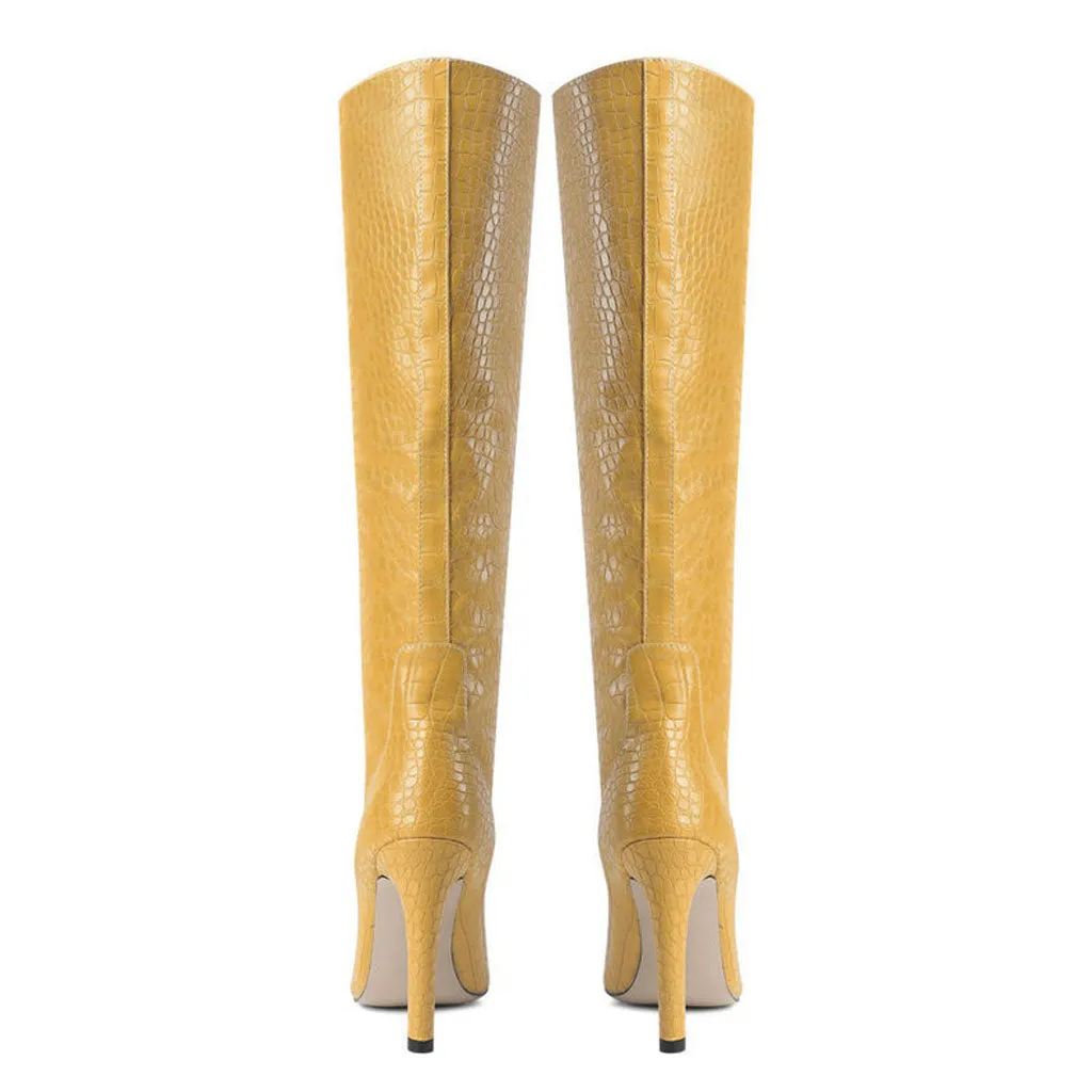 Chic Croc Effect Faux Leather Pointed Toe Knee High Stiletto Boots - YelLow