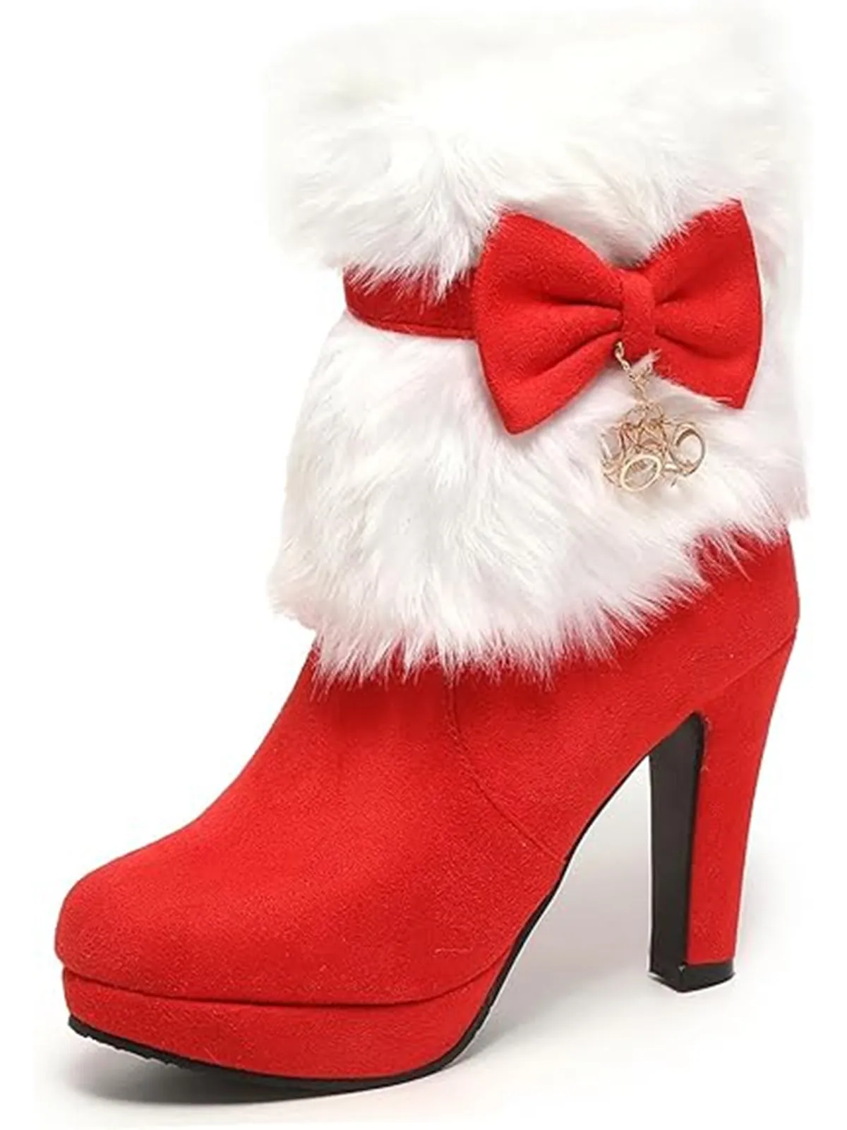 Christmas Flannelette Fur Beading Chunky Heel Boots