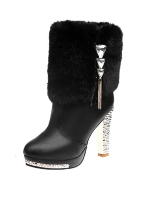 Christmas Fur And Leather Rhinestone Boots