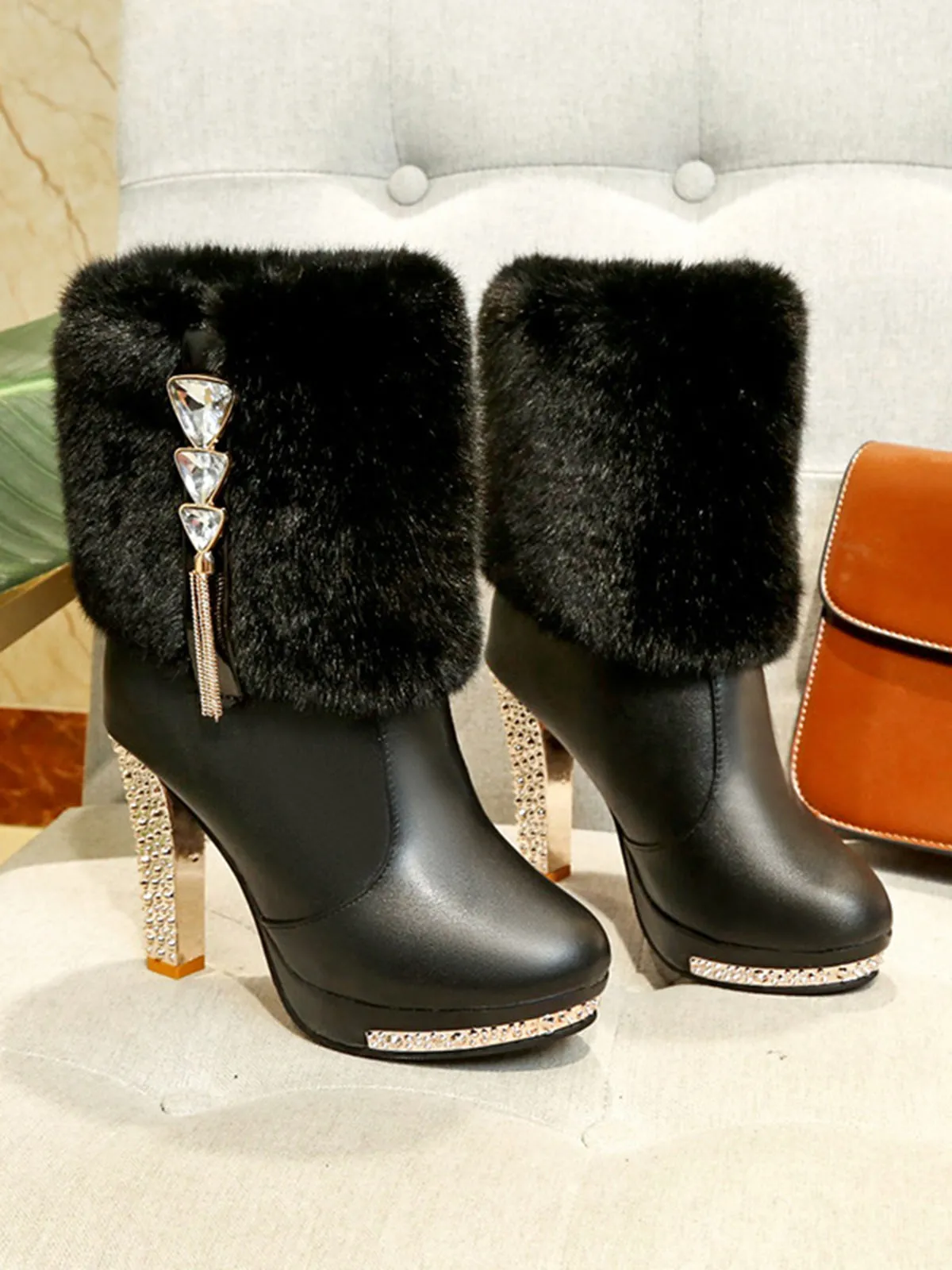 Christmas Fur And Leather Rhinestone Boots