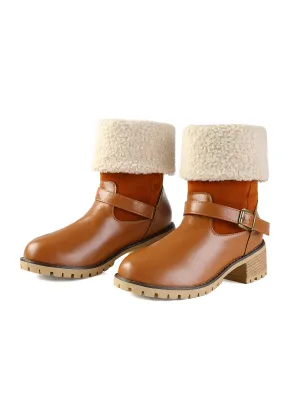 Chunky Heel Belt Buckle Plush Mid-Calf Boots