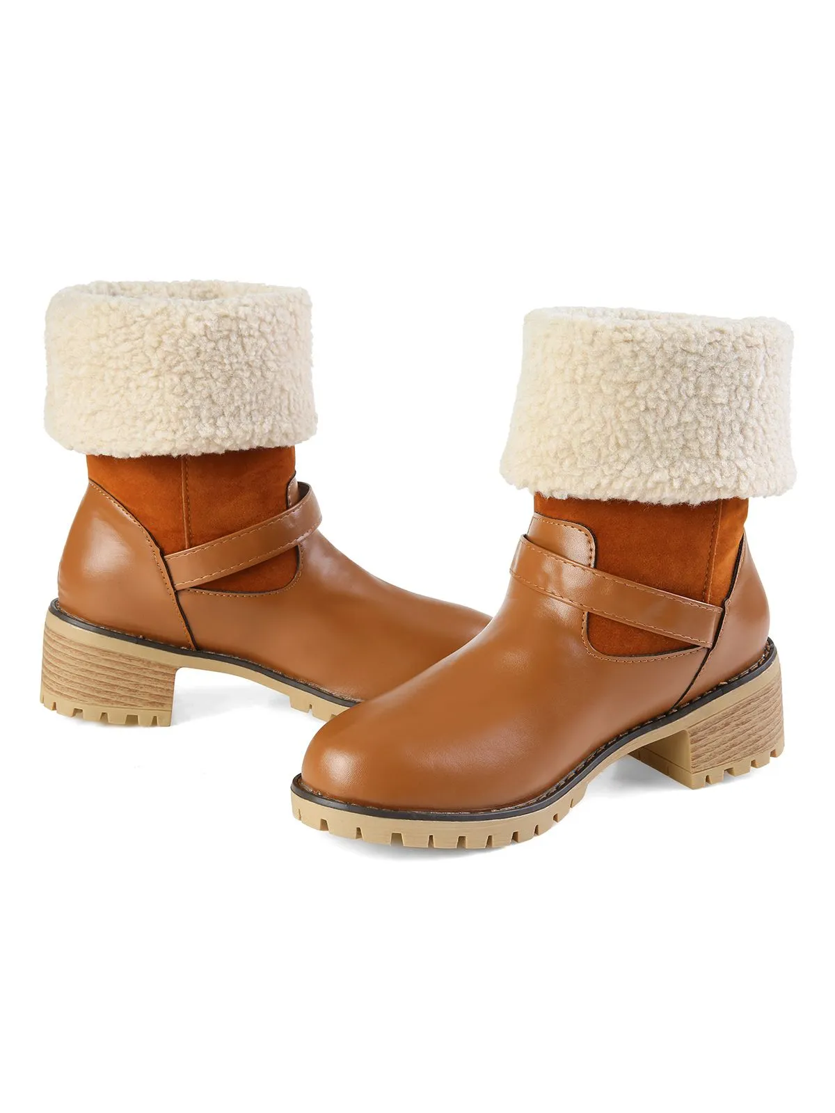 Chunky Heel Belt Buckle Plush Mid-Calf Boots