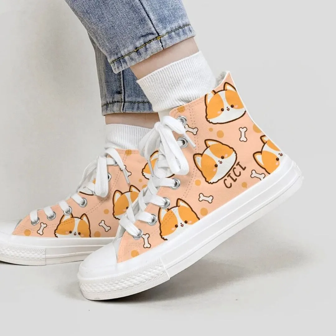 Cici the Corgi High Top Canvas Shoes - Unisex