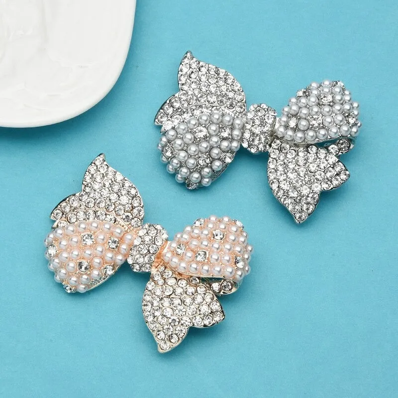 Dazzling Rhinestone and Pearl Bejeweled Bowknot Brooch Pins