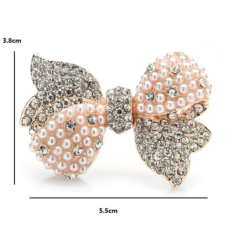 Dazzling Rhinestone and Pearl Bejeweled Bowknot Brooch Pins