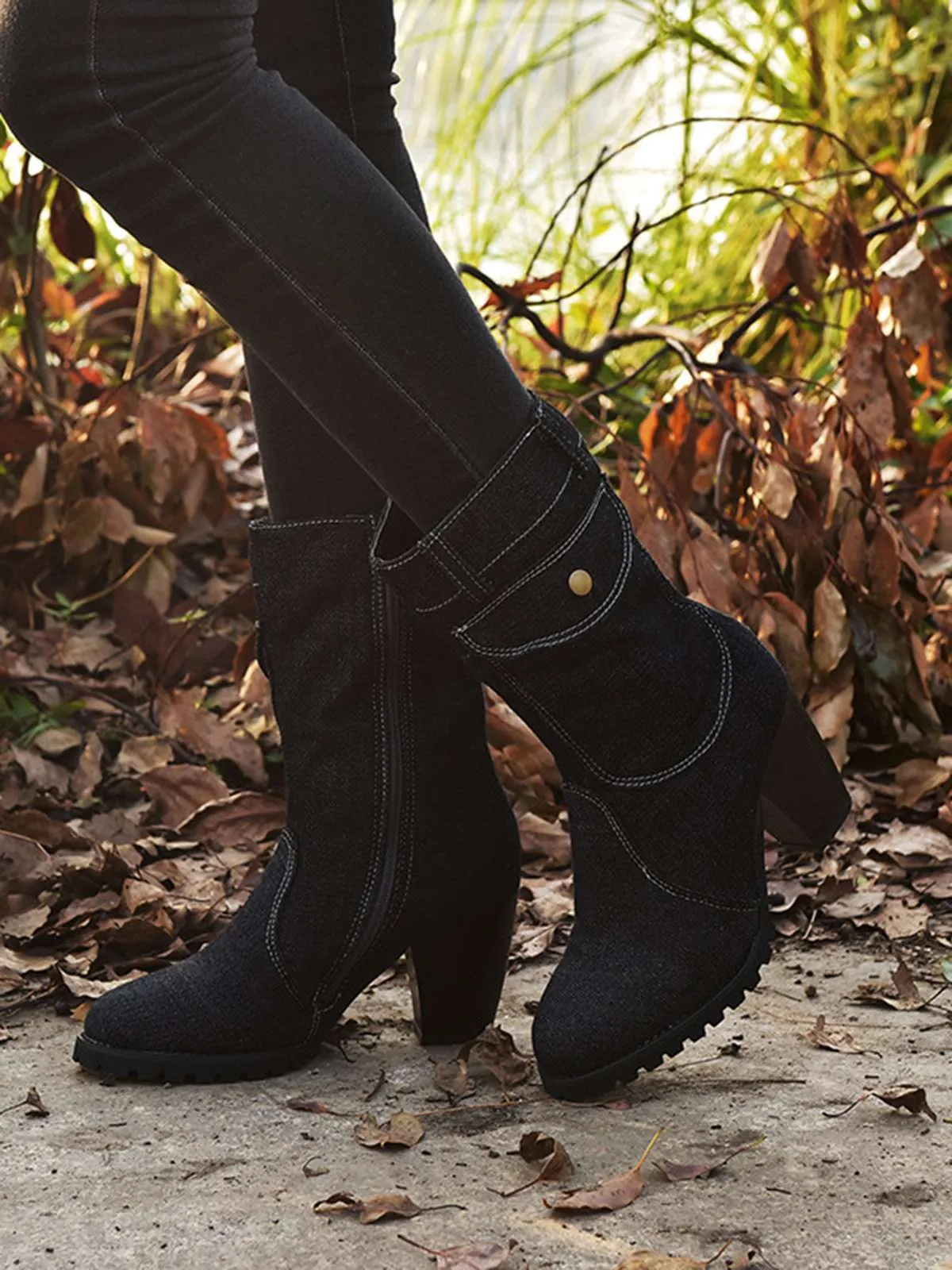 Denim Round Toe Zipper Mid-Calf Boots