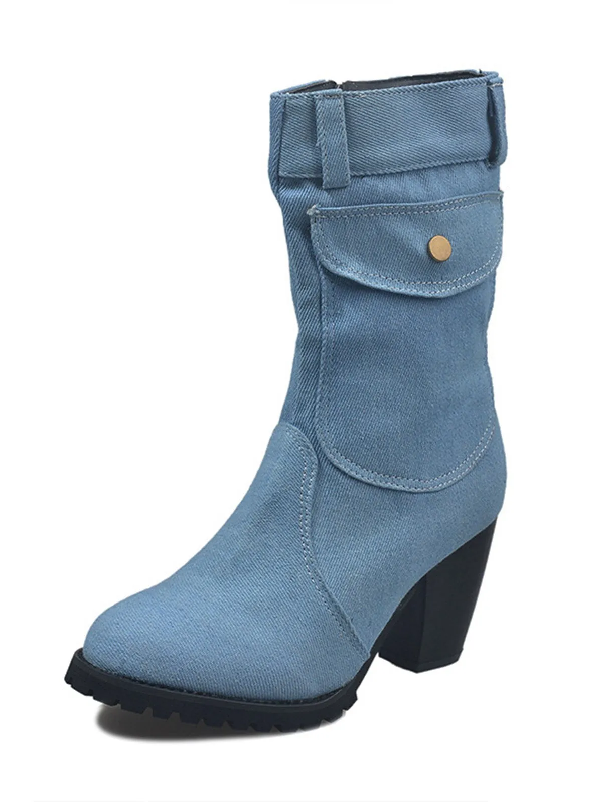 Denim Round Toe Zipper Mid-Calf Boots