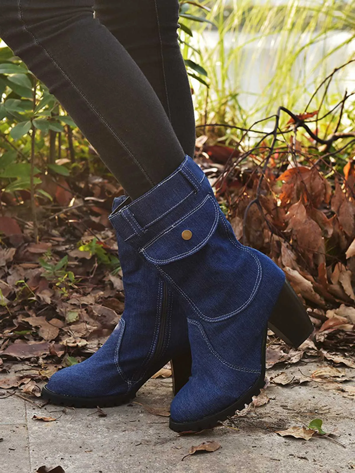 Denim Round Toe Zipper Mid-Calf Boots