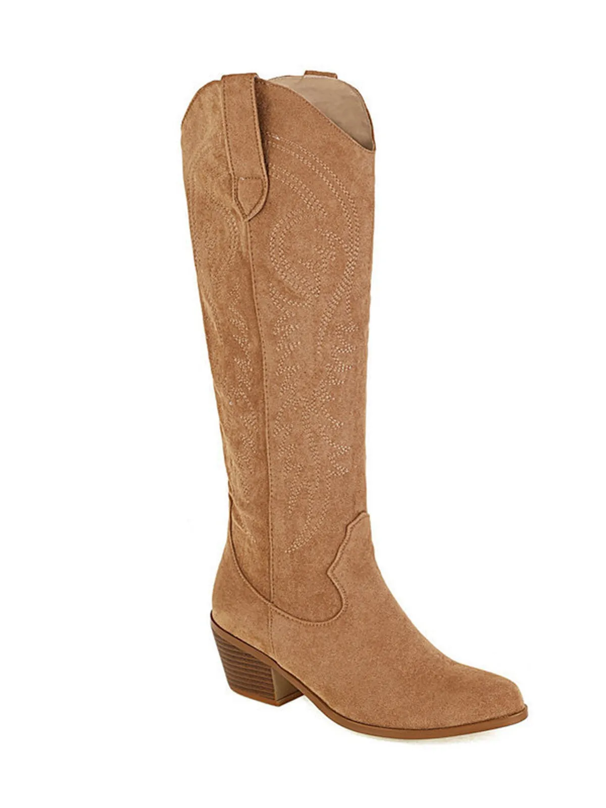 Embroidered Chunky Heel Mid-Calf Cowboy Boots