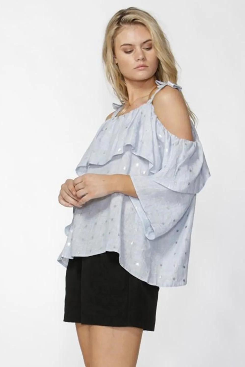 Fate   Becker Sea Blue Linen Top with Silver Spot Print