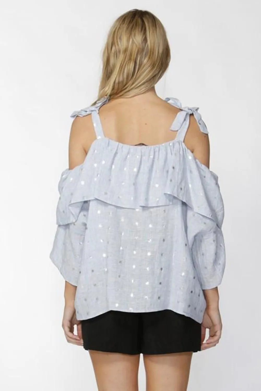 Fate   Becker Sea Blue Linen Top with Silver Spot Print