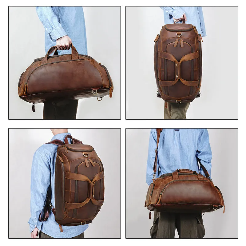 Full Grain Leather Backpack Convertible Duffel Bag with Shoe Pouch