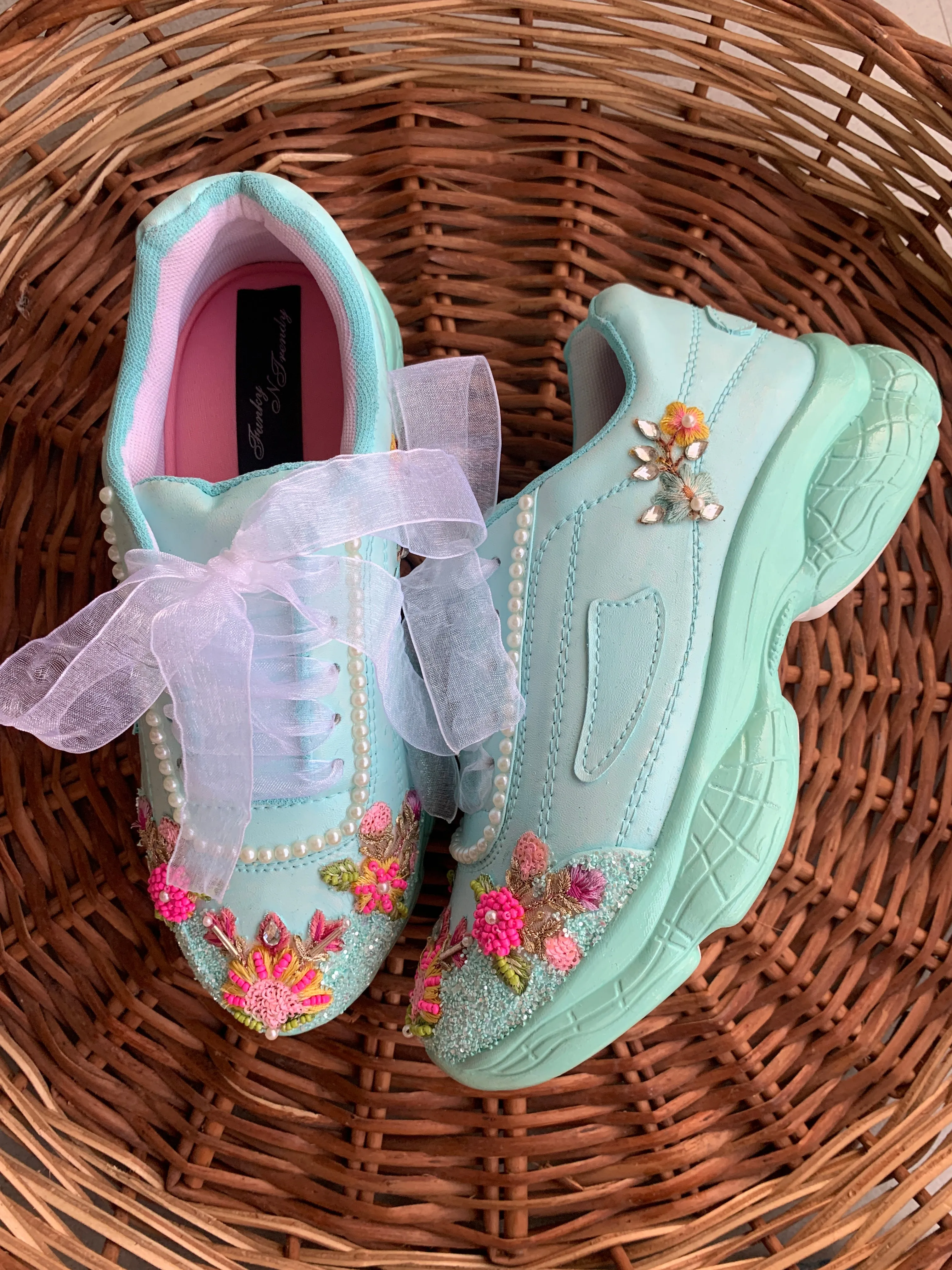 Funky N Trendy hand crafted powder blue theme bridal sneakers/ bridesmaid sneaker / powder blue sneakers/ pink floral theme sneakers / sea green shoes