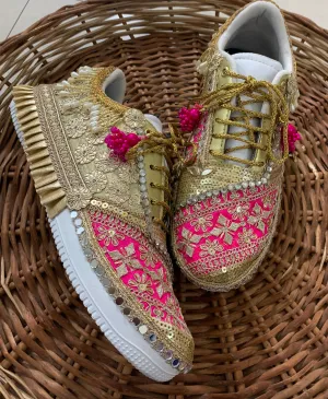 FUNKY N TRENDY hot pink sneakers with rhinestone detailing for brides /bridesmaids / sneakers for bridesmaids/ handcrafted sneakers/ sequine sneakers / bridal sneakers / bridesmaid sneakers/ pink sneakers / gold shoes/ rani pink sneakers