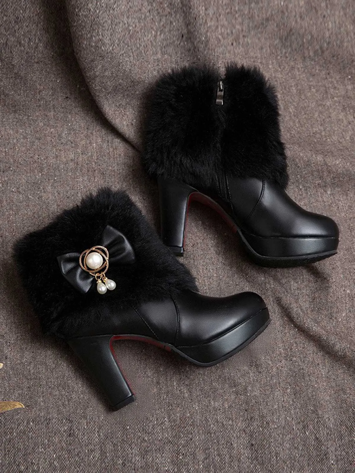 Fur Bow Pointed High Heels Boots