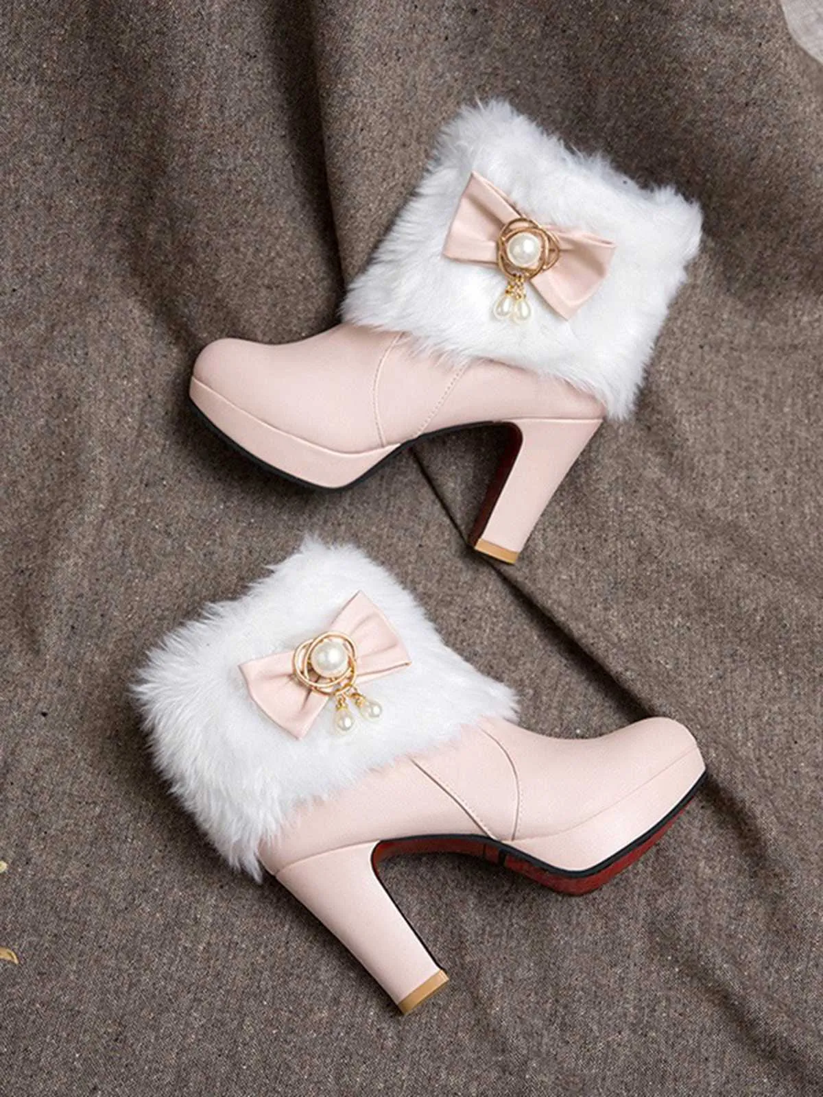 Fur Bow Pointed High Heels Boots