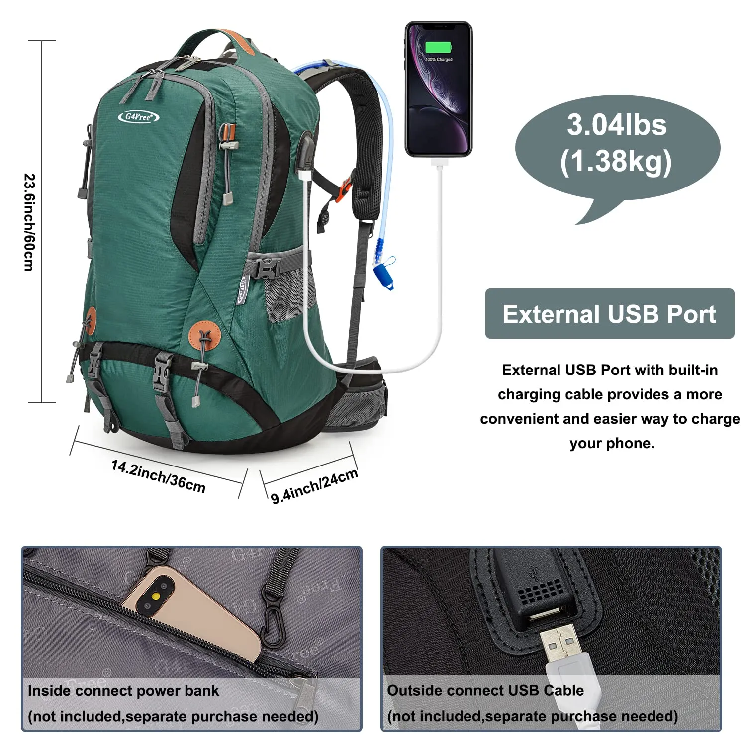 G4Free 50L Waterproof Daypack with 2L BPA Free Bladder & Rain Cover