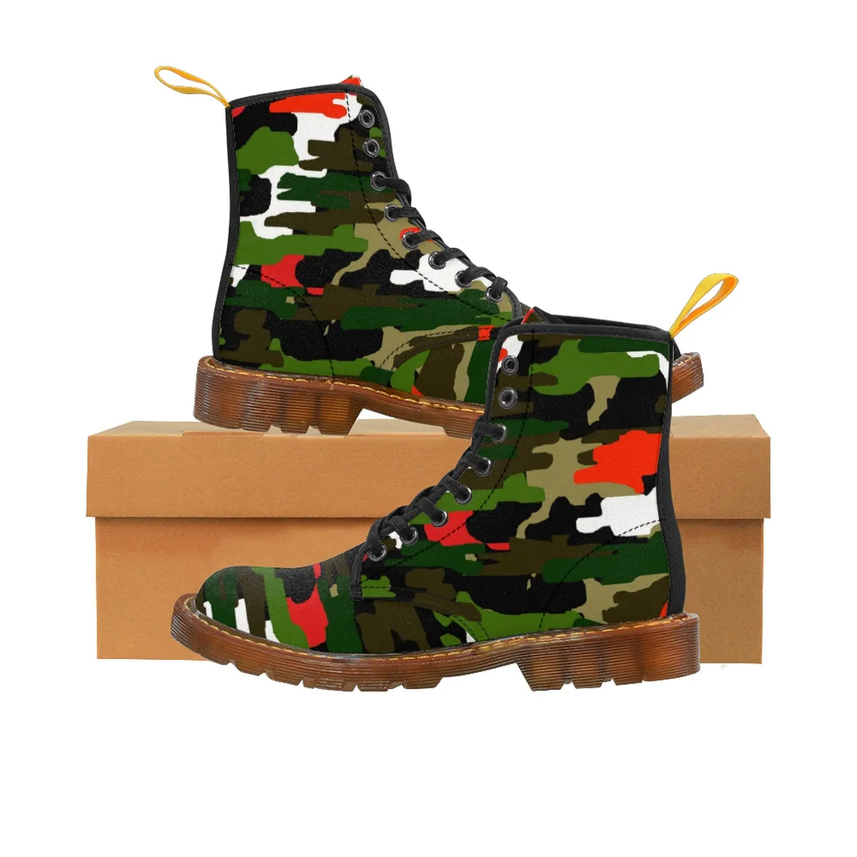 Green Red Camo Men's Boots, Camouflage Military Army Print Canvas Winter Hiking Boots