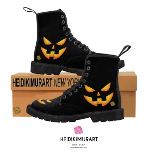 Halloween Pumpkin Face Men's Boots, Lace-Up Winter Hiking Canvas Boots Shoes For Men