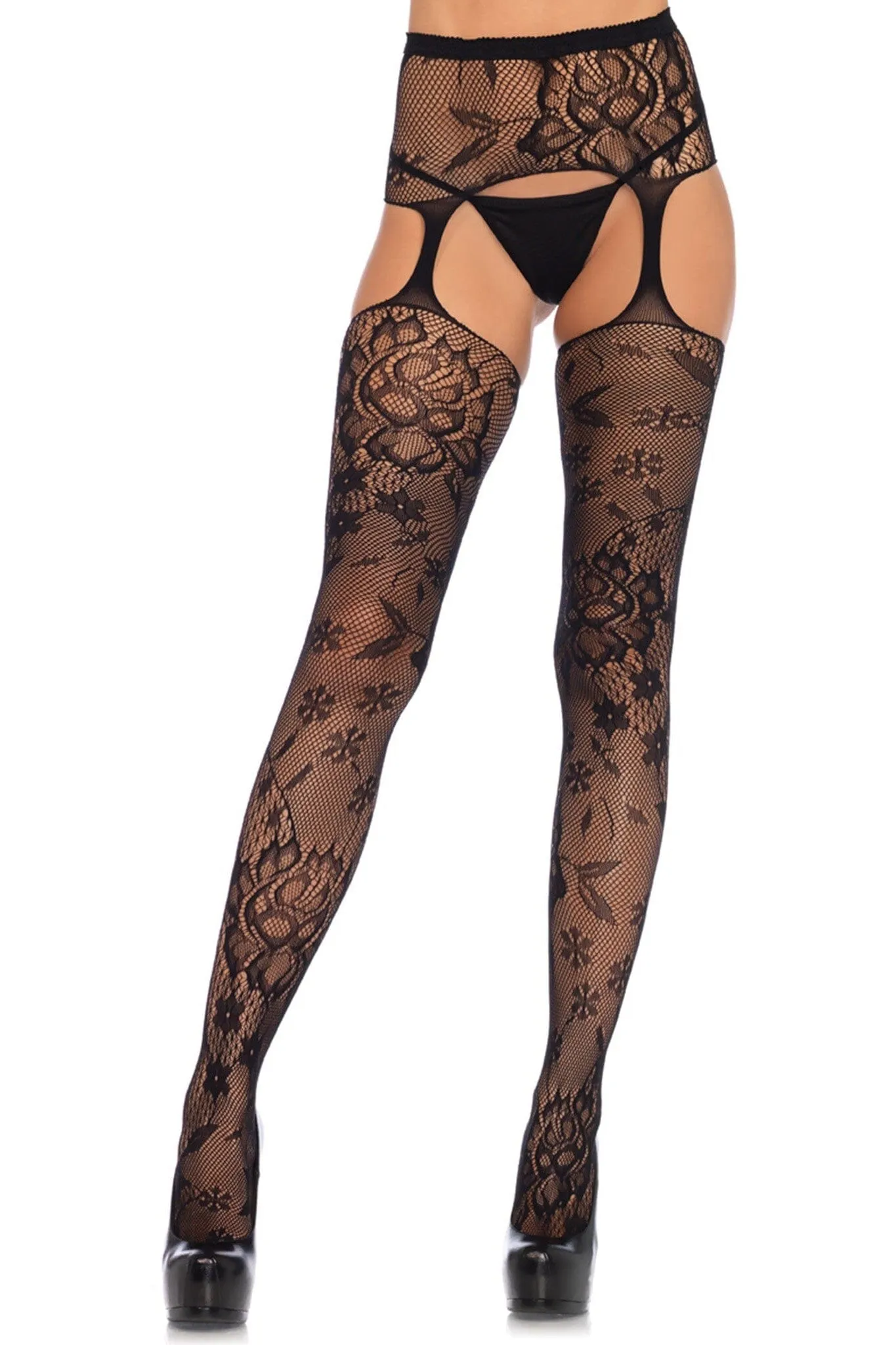 High Waist Floral Lace Stockings With Attached Garterbelt