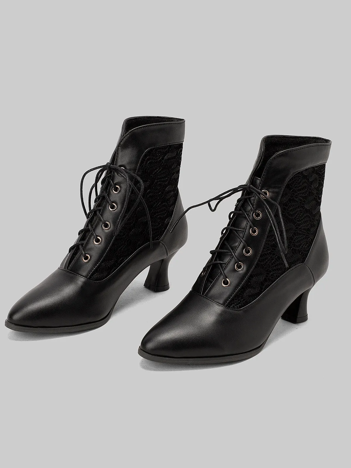 Lace Pointed Leather Heel Vintage Boots