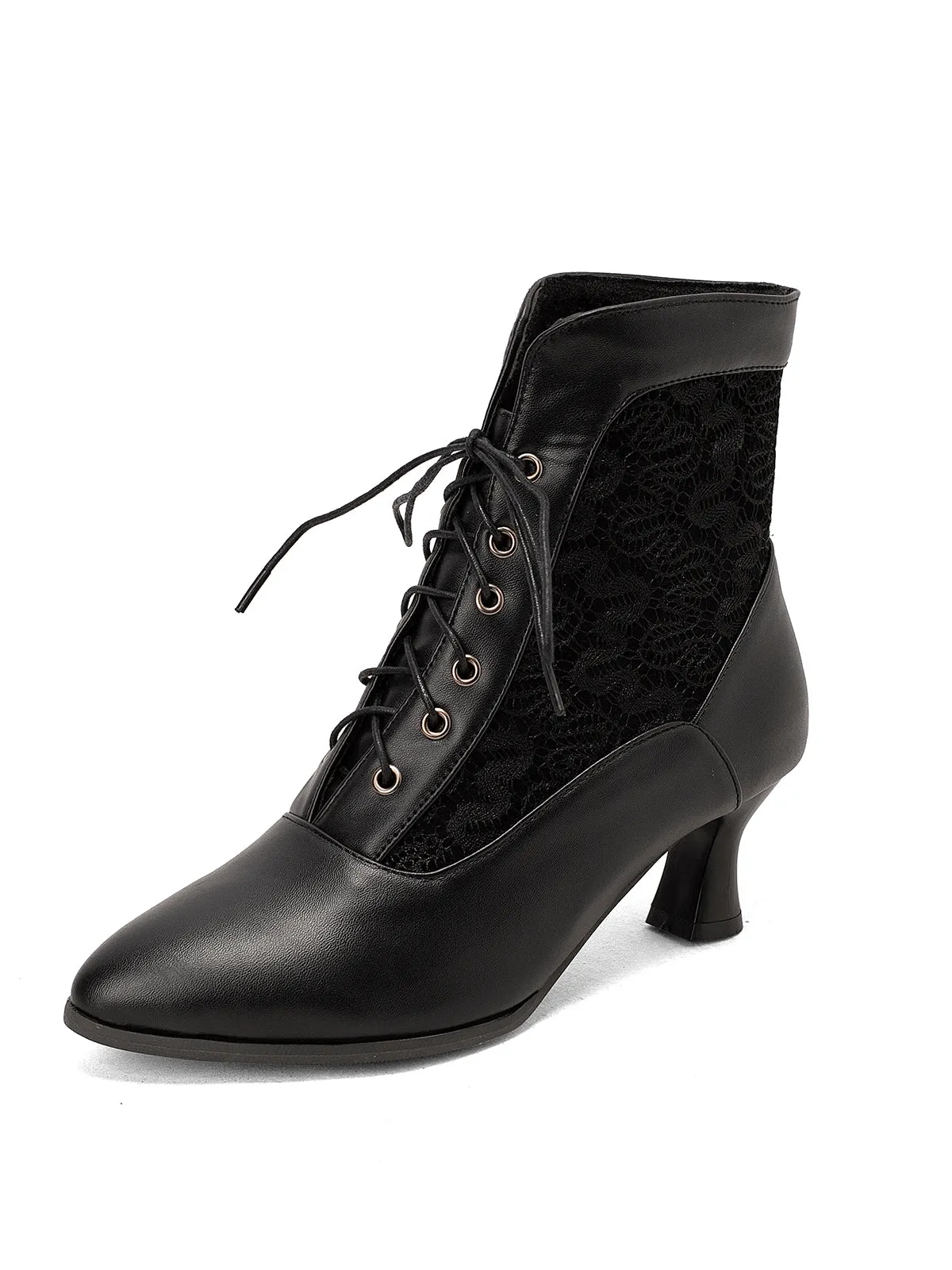 Lace Pointed Leather Heel Vintage Boots