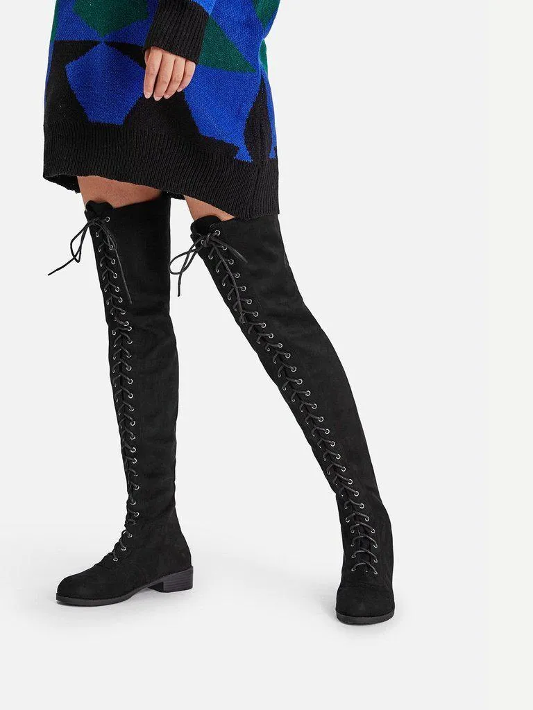 Lace Up Front Over Knee Suede Boots