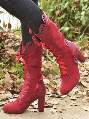 Leather Petal Edge Lace-Up Mid-Calf Boots