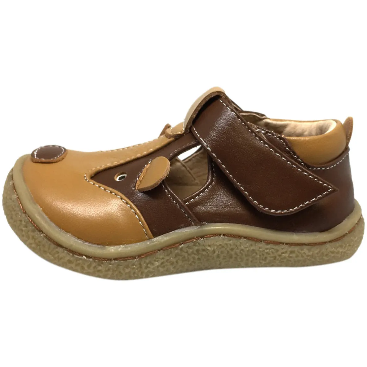 Livie & Luca Boy's and Girl's Badger Leather T Strap Hook and Loop Shoes Brown