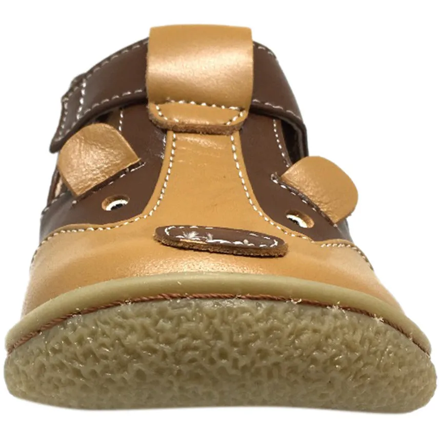 Livie & Luca Boy's and Girl's Badger Leather T Strap Hook and Loop Shoes Brown