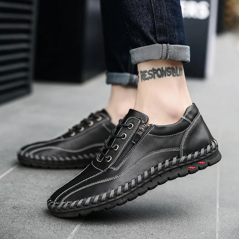 Mens men large men hand sewing side zipper casual leather shoes