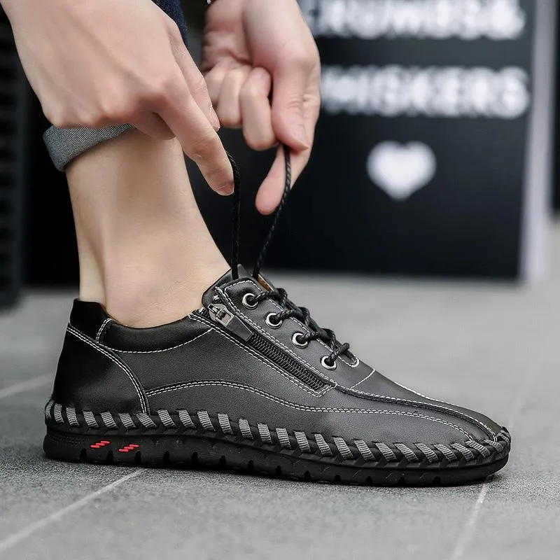 Mens men large men hand sewing side zipper casual leather shoes