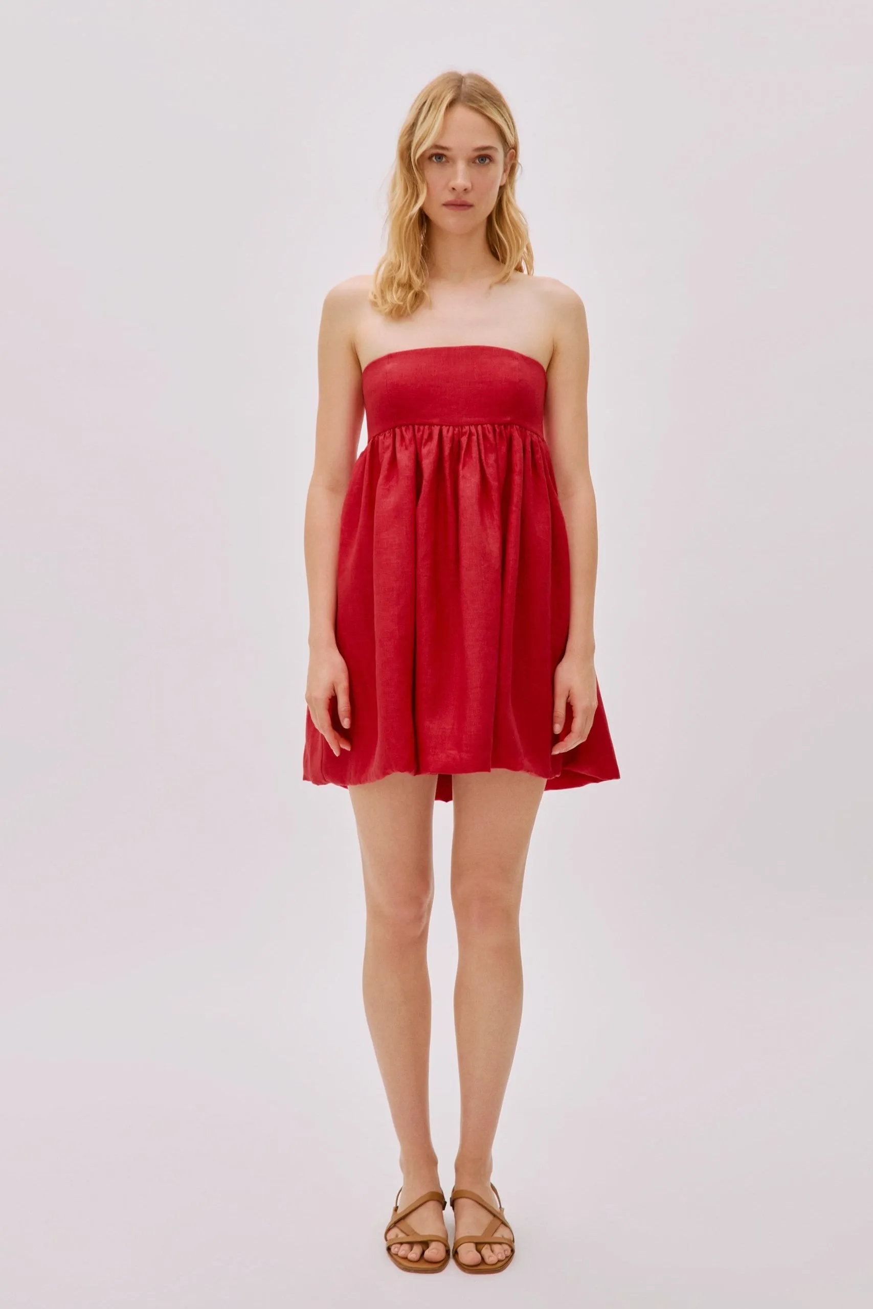 Mykonos Deep Red Linen Strapless Mini Dress