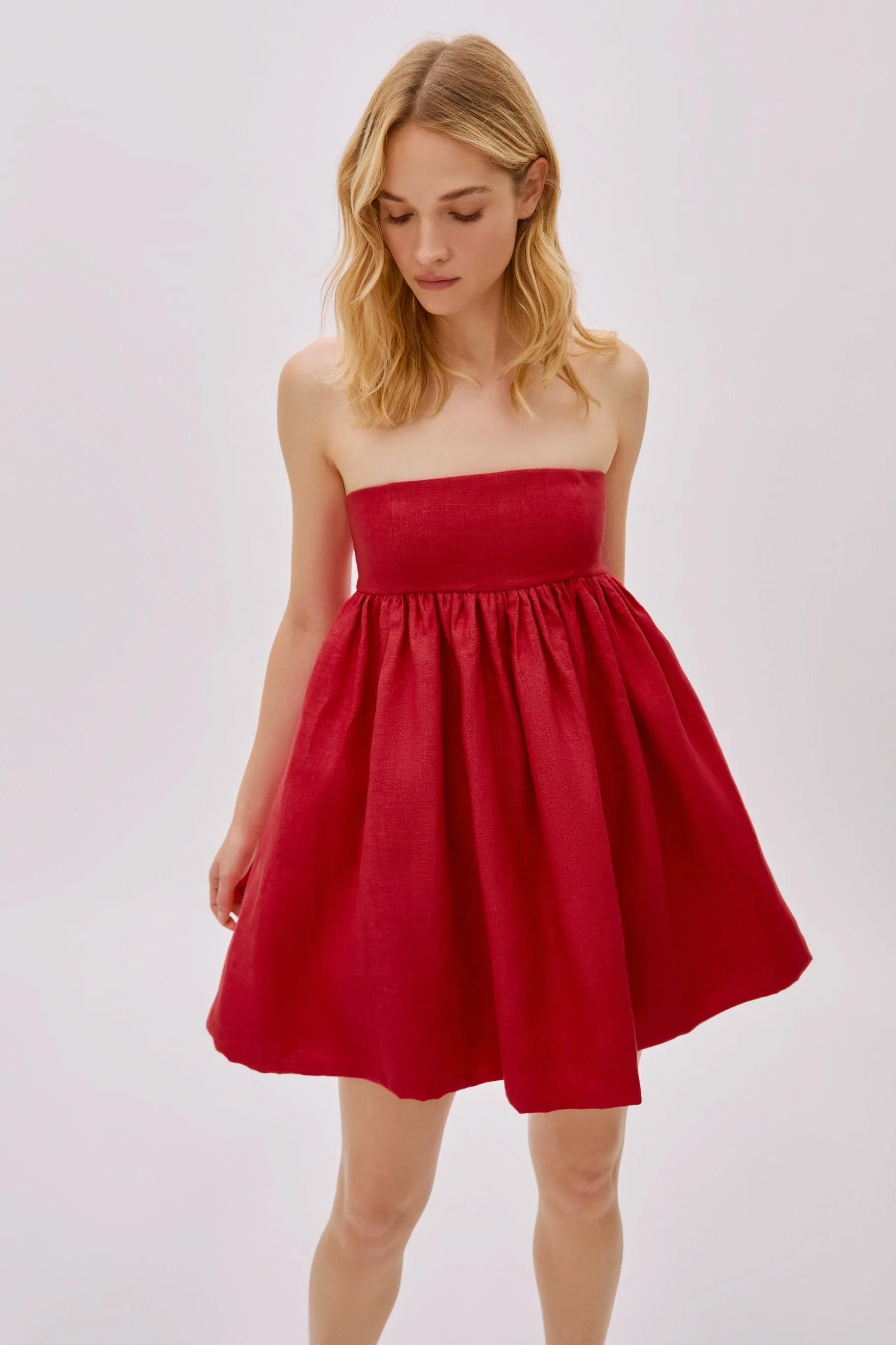 Mykonos Deep Red Linen Strapless Mini Dress