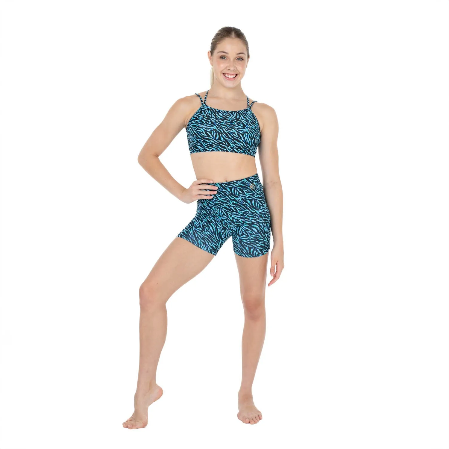 Nicole: Midi Length Bike Shorts in Blue Dappled Tiger Print